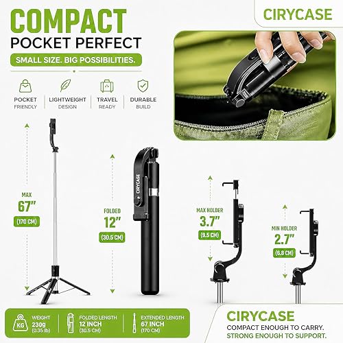 Image of CIRYCASE Selfie Stick Tripod, 67 inch /170CM Reinforced Tripod for Mobile Phone, Multi-Functional Bluetooth Long Selfie Stick for Travel, Vlogging, Compatible with iPhone and All Smartphones