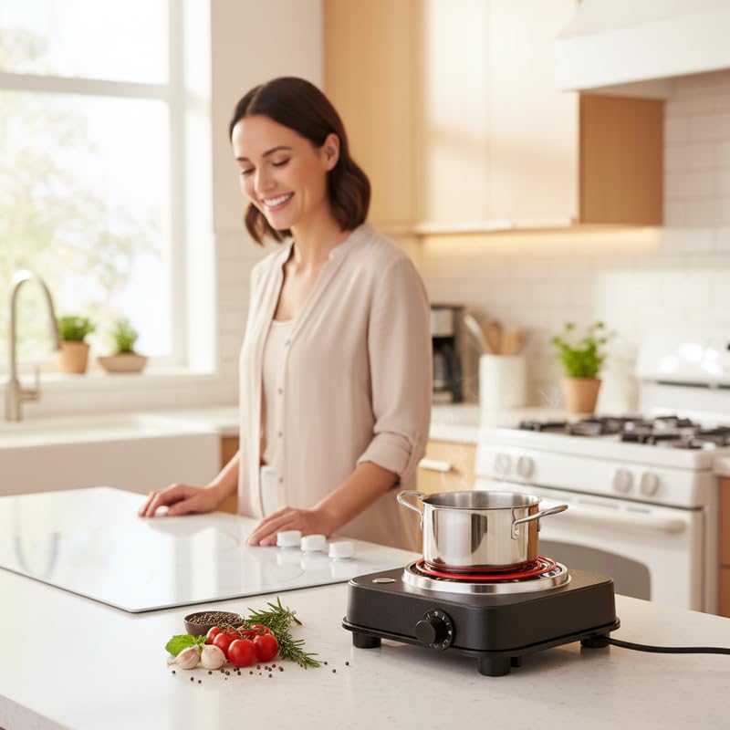 Image of Drumstone (𝐒𝐩𝐞𝐜𝐢𝐚𝐥 20 𝐘𝐞𝐚𝐫𝐬 𝐖𝐚𝐫𝐫𝐚𝐧𝐭𝐲) Portable 2000W Electric G Coil Stove with Stand, Fast Heating Cooktop for Kitchen, Home, Restaurant Cooking, Durable Black Design