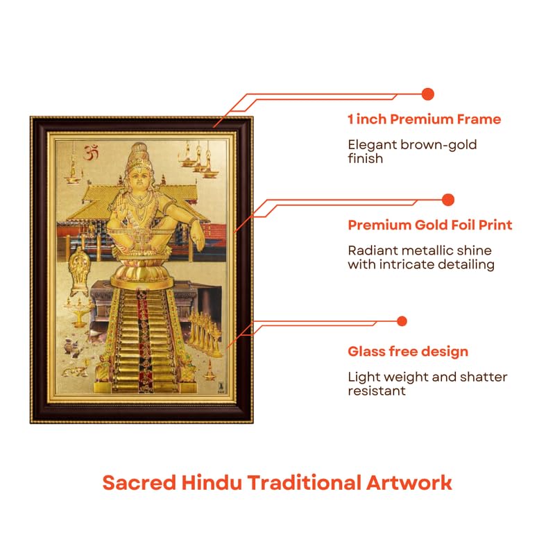 Image of Paramporul Gallery Ayyappa Samy Gold Foil Photo Frame for Pooja Room, Hindu God Wall Decor, Ready to Hang, 10x14 Inch