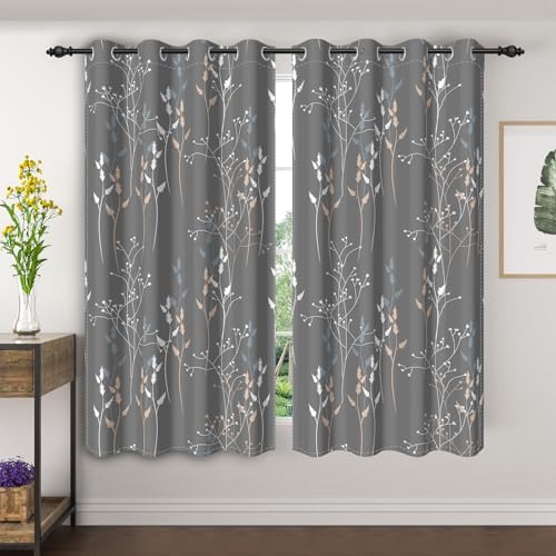 Gray Leaves Blackout Curtains 63 Inch Length, Room Darkening Curtains for Living Room Bedroom with Botanical Printed, 2 Panels Set W52xL63