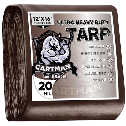 CARTMAN Finished Size 12x16 Feet Extra Thick 20 Mil Brown Ultra Heavy Duty Poly Tarp Multipurpose Protective Cover UV Resistant Waterproof Poly Tarpaulin with Reinforced Edges