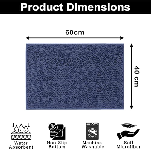 Image of LUXE HOME INTERNATIONAL Shaggy Chenille Bath Mat Extra Soft Super Absorbent Anti Skid Popcorn Door Mats for Home Entrance, Bathroom, Bedroom, Kitchen, Floor Mat (40x60 cm Navy) Pack of 1