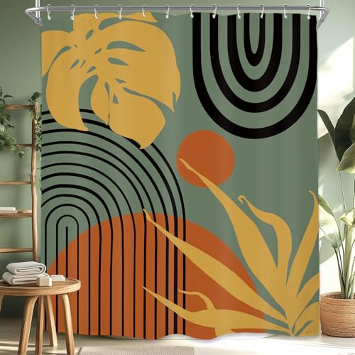Miyotaa Abstract Mid Century Minimalist Shower Curtain Set 60Wx71H Inches Modern Aesthetic Leaves Contemporary Neutral Plant Orange Sage Green Waterproof Bathroom Curtain with 12 Hooks