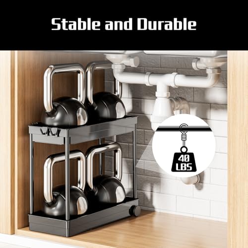 2 Pack Under Sink Organizer, 2 Tier Bathroom Cabinet Organizers and Storage with Hook, Multi-purpose Storage Basket Shelf for Kitchen, Black - Image 5