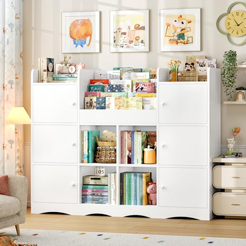 FINETONES Toy Shelf and Toy Storage 55 Large Kids Bookshelf Toy Organizers and Storage with 10 Cubbies and 4 Tier Shelf Toy Organizer and Chest with Raised-Edge Top Shelf for Playroom White