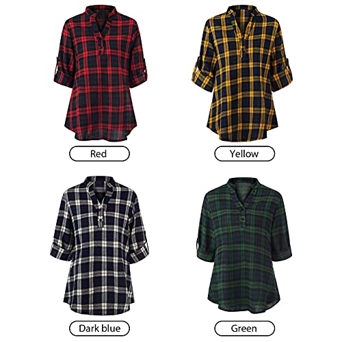 mewmewcat Listrado Camisa xadrez feminina de outono xadrez com decote em V botões pulôver com manga