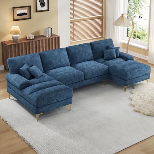 Sapgaks Grand canapé d'angle Moderne en U,avec Fauteuil inclinable Double,canapé 4 Places en Chenille,Canapé de Salon(Bleu)