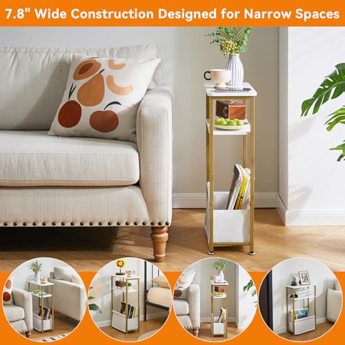 Aibiju Mesa Auxiliar Estrecha, Mesa Lateral Delgada con Cesta de Tela de Almacenamiento, Mesita de Noche para Espacio Pequeño, 40x20x66 cm para Sala de Estar, Blanco YD-ST002J - imagen 6