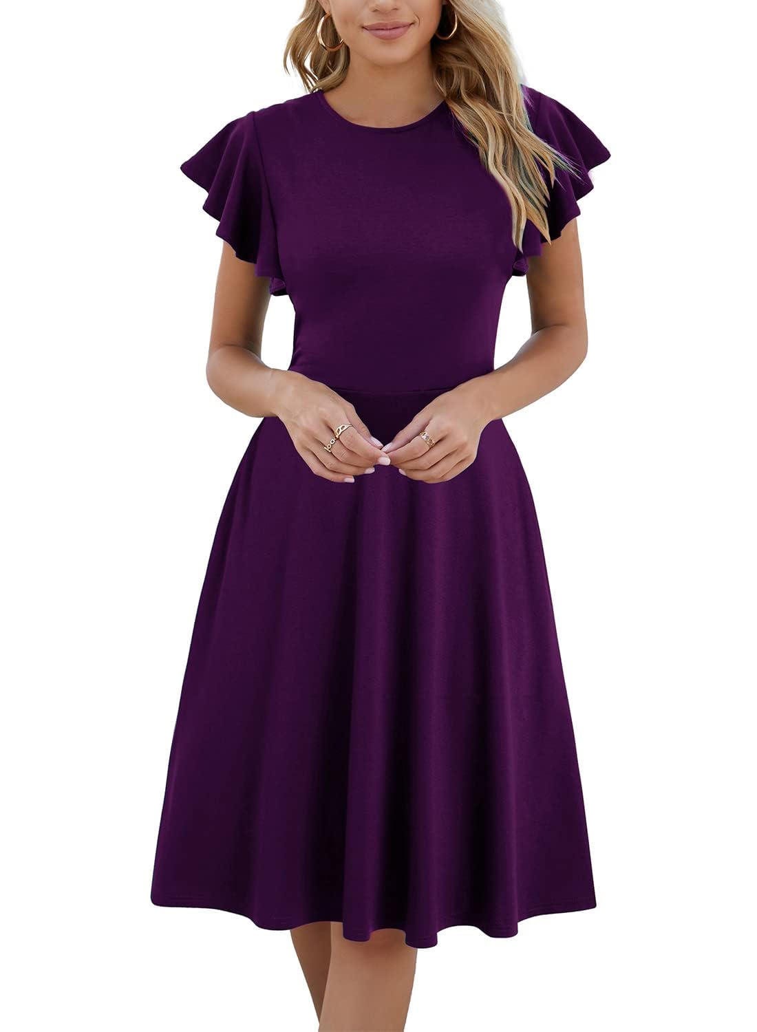 MSLG Women's Fit and Flare Ruffle Short Sleeves Dresses Work V-Back Cocktail Semi Formal A Line Dress with Pockets 842