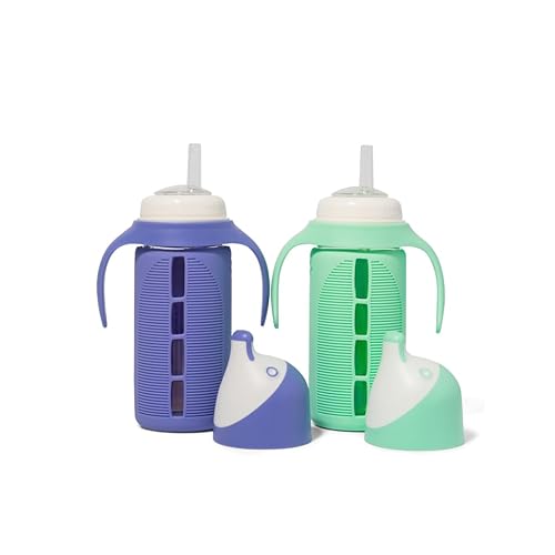 Set of 2 - Glass Sippy Cup for Toddlers - The Luca | Mint Green & Indigo Purple | Spill-Proof | Silicone Straw | 8 oz | Liquids Never Touch Plastic | Removable Handles… - Green