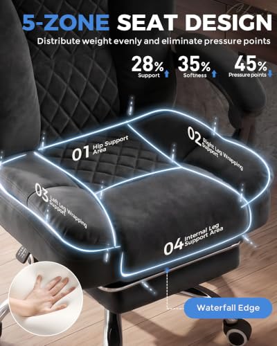 Image of GTPLAYER Big and Tall Office Chair with Pocket Spring Cushion & Ergonomic Lumbar Support for Lower Back Pain Relief, High Back Computer Gaming Chair with Foot Rest, Soft Velvet Fabric, Black