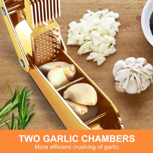 Garlic press and slicer 2 in 1,Effortlessly Crush, Slice, and Mince Garlic,with this Versatile Kitchen Tool - Perfect for Home Cooks and Professional Chefs Alike. (Golden)