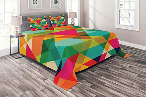 Ambesonne Geometric Coverlet, Abstract Geometric Pattern Vintage Inspired Retro Colors Old Style Graphic Art, 3 Piece Decorative Quilted Bedspread Set with 2 Pillow Shams, Queen Size, Pink