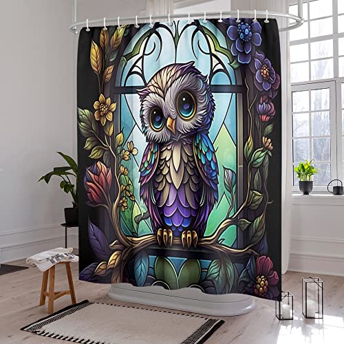 Reateforin Funny Owl Shower Curtain For Bathroom Owl Stained Glass Mushroom Bathroom Accessory Spring Bathroom Decorative Watercolor Polyester Fabric 72 Inch X 72 Inch Animal Bathroom Decor With 12 Hooks thumb #2