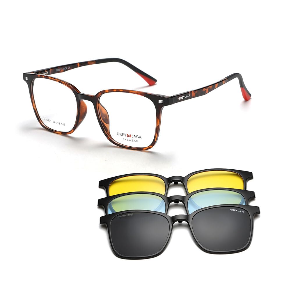 grey jack Polarized Clip On Glasses with Spring Hinge,Square TR90 Spectacle Frame with 3PCS Magnetic Lens for Myopia Men Women 6201
