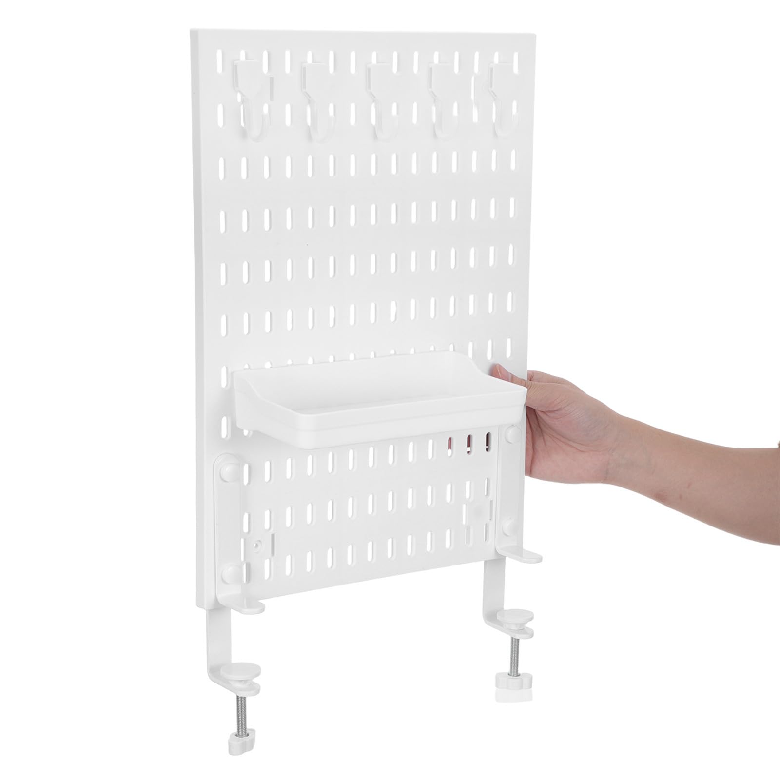 HOMSFOU Organizador de Escritorio y Compartimentos Múltiples Ajustable con Abrazadera de Plástico Blanco, Tablero Perforado con Ganchos para Dormitorio y Oficina