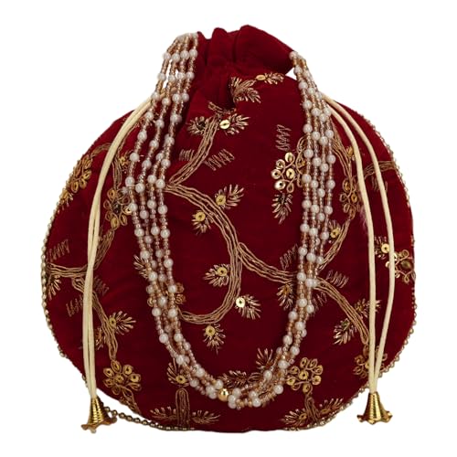 Craft Trade Women's Cotton Embroidered Potli Bag with Drawstring and Pearl Handle Pouch Golden Work Ladies Purse for Bridal, Dark Red, M Craft Trade Women's Cotton Embroidered Potli Bag with Drawstring and Pearl Handle Pouch Golden Work Ladies Purse for Bridal, Dark Red, M