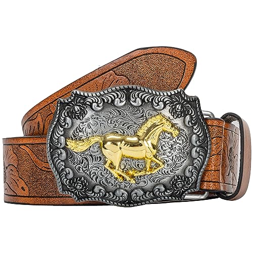 Image of UTOWO Western PU-Leather Cowboy Buckle Belt for Men and Women Jeans Engraved Floral Longhorn Bull Buckle Belt (25-38 inch waist)