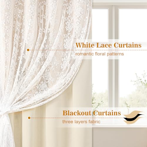 Image of Yinhua Blackout Curtains for Bedroom Double Layer Beige Curtains for Living Room 84 Inches Long Nursery Curtain with Tiebacks, Thermal Insulation Grommet Drapes for Toddler, 52 inch W x 84 inch L