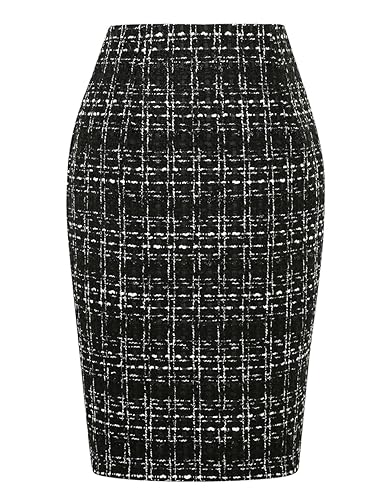 IDEALSANXUN Midi Plaid Röcke für Frauen 2023 Herbst Winter Knielänge Bleistift Wolle Rock mit Schlitz, Tweed Schwarz, Mittel