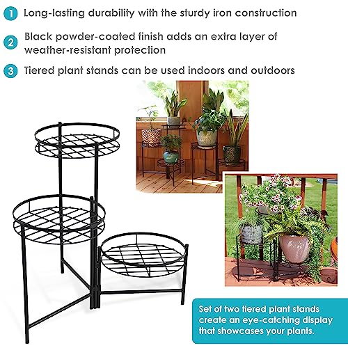 Sunnydaze 22-Inch 3-Tiered Metal Plant Stand, Indoor/Outdoor Flower Pot Holder - Set Of 2 - Black #TOP4