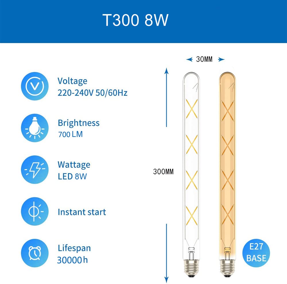 Ruihua 10 Packungen T30-300 LED-Glühbirne, E27, 8 W, Bernstein, Warmweiß, Lichtschlauch (entspricht einer Halogenlampe 70 W), 700 lm, Energiesparlampen, Vintage, 300 mm