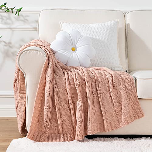 Battilo Blush Cable Knit Throw Blankets For Couch Bed Sofa, Acrylic Knitted Blanket, Soft Cozy Throw Blanket, 50" X 60" #TOP1