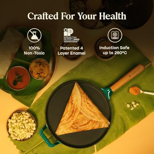 Image of CUMIN CO. Cast Iron Non Stick Dosa Tawa 28 cm | Induction Base Cookware | 10 Year Warranty | Chemical Free Coating | Non Toxic Tawa for Dosa /Chilla | Free Accessories | No Seasoning Needed | Green