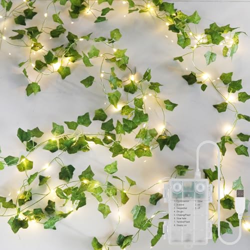 YOUNGAR Ivy Vines with Fairy Lights,Leaf String Warm White Lights Battery/USB Operated,23FT 73LED...