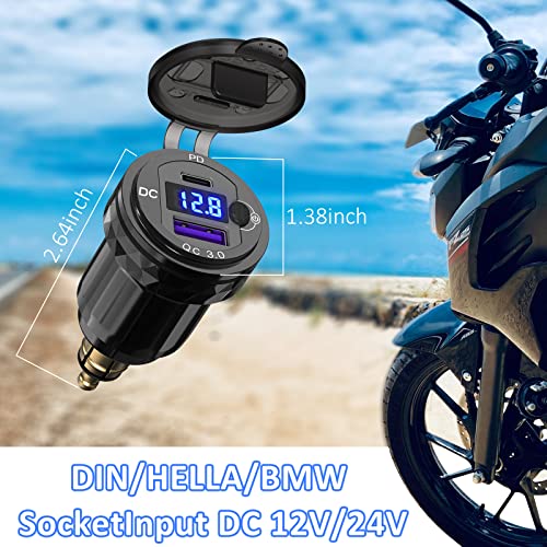 Image of Qidoe Motorcycle Power Adapter Waterproof Hella Din Plug to USB Adapter with ON-Off Switch 30W USB C PD3.0 Din USB 18W QC3.0 Quick Charge Aluminum Voltmeter Triumph Motorcycle Accessories