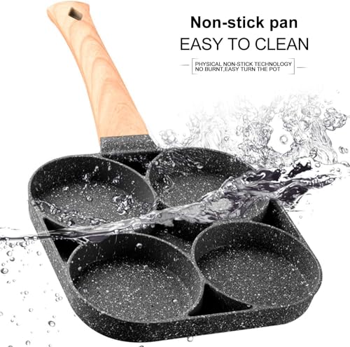 Image of 4 Hole Non Stick Egg Frying pan with Detachable Wooden Handle,Multi Purpose Frying pan for Omelet Uttapam Idli Burger Poached Egg Kitchen Breakfast