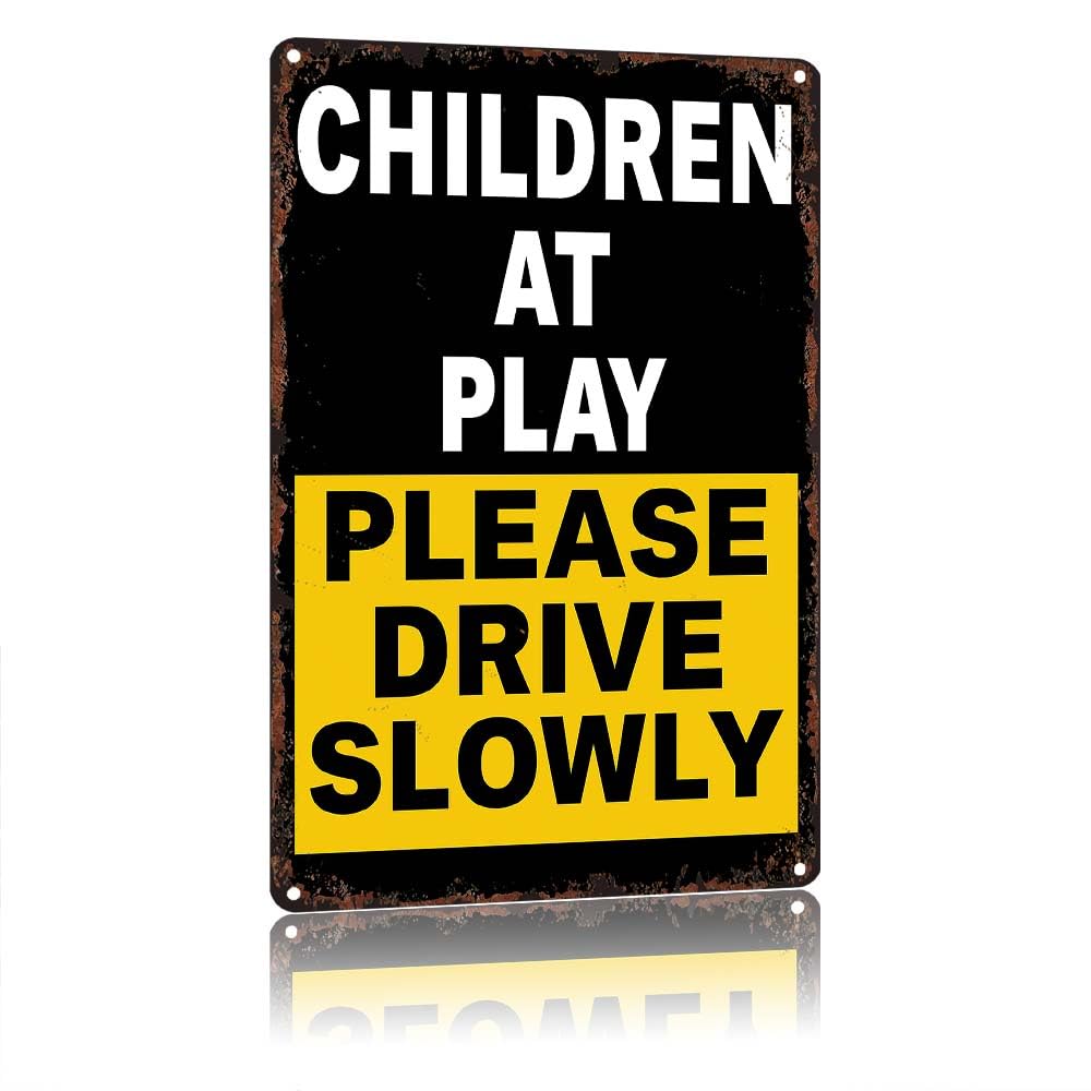 peiyeety Children At Play Please Drive Slowly Vintage Aluminum Metal Sign, 12X8in, Retro Rustproof Wall Decor Sign for Outdoor Street Residential Area Yard Driveway Warning Reminder Decoration
