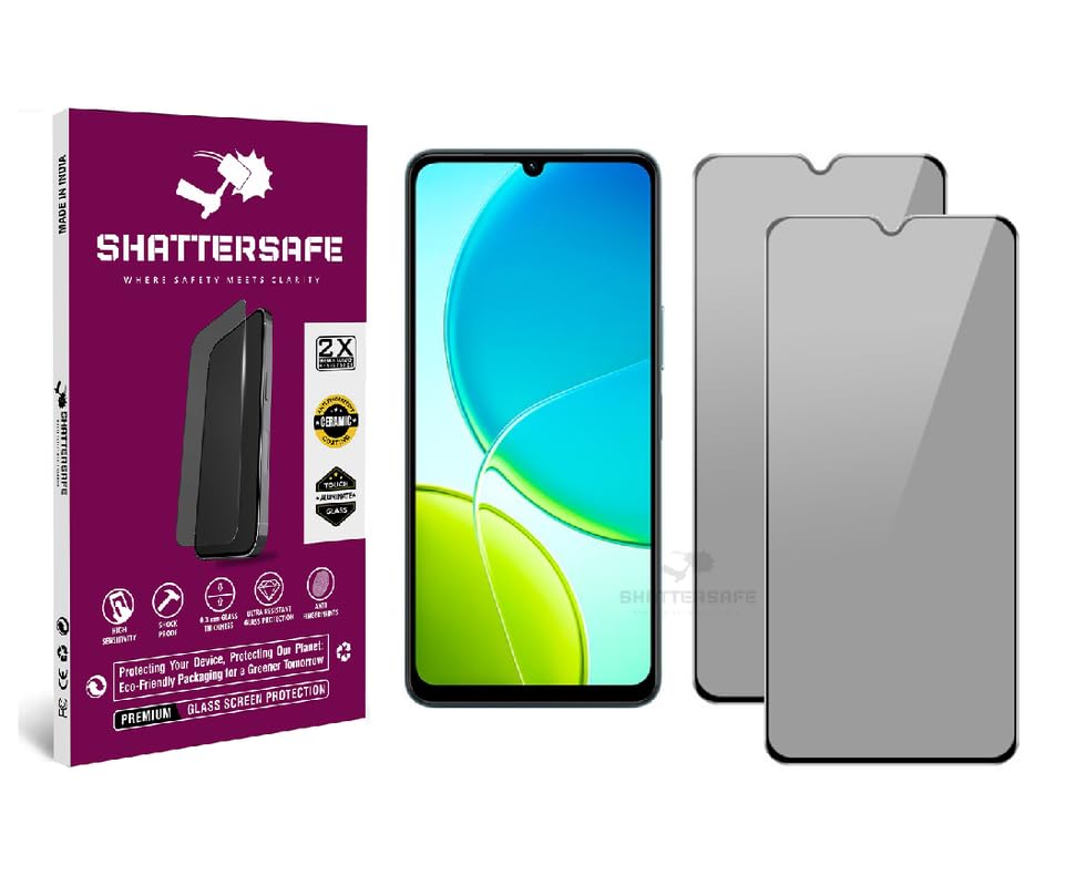 Image of Anti-Spy Privacy Tempered Glass Compatible For Vivo Y19 5G / Y19E [Pack of 2]. 9H Hardness, Anti-Scratch, Edge-to-Edge Protection With Easy Installation Kit & Case Friendly Fit.