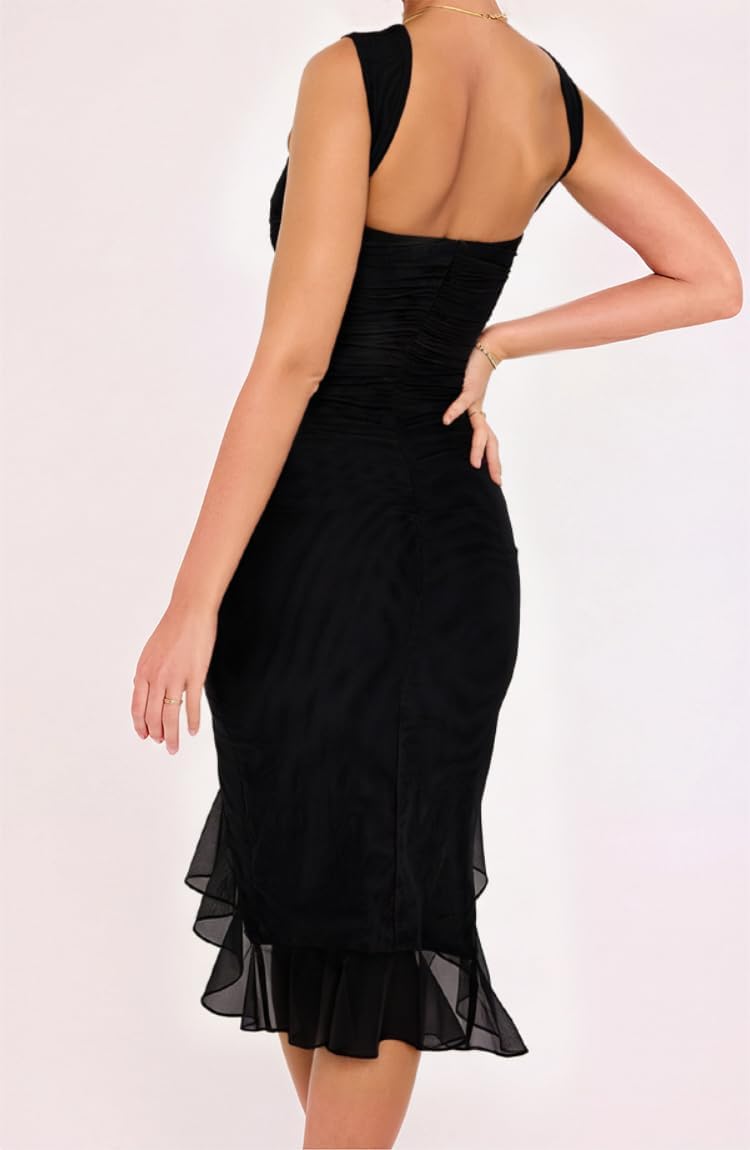 BEAGIMEG Women's Elegant Ruched Sleeveless Asymmetrical Ruffle Hem Cocktail Party Evening Midi Dress