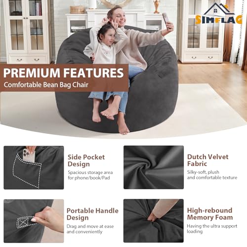 3FT Bean Bag Chair, Comfy Bean Bag Chairs with Memory Foam Filled, Fluffy Beanbag Sofa with Dutch Velvet Cover, Round BeanBag Chairs for Living Room, Playroom- Grey