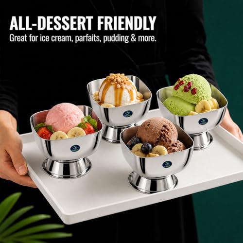 Image of Stainless Steel Ice Cream Cup Set with Spoons, Square Dessert Cups, Mirror Polish Serving Bowls for Ice Cream (12PC)