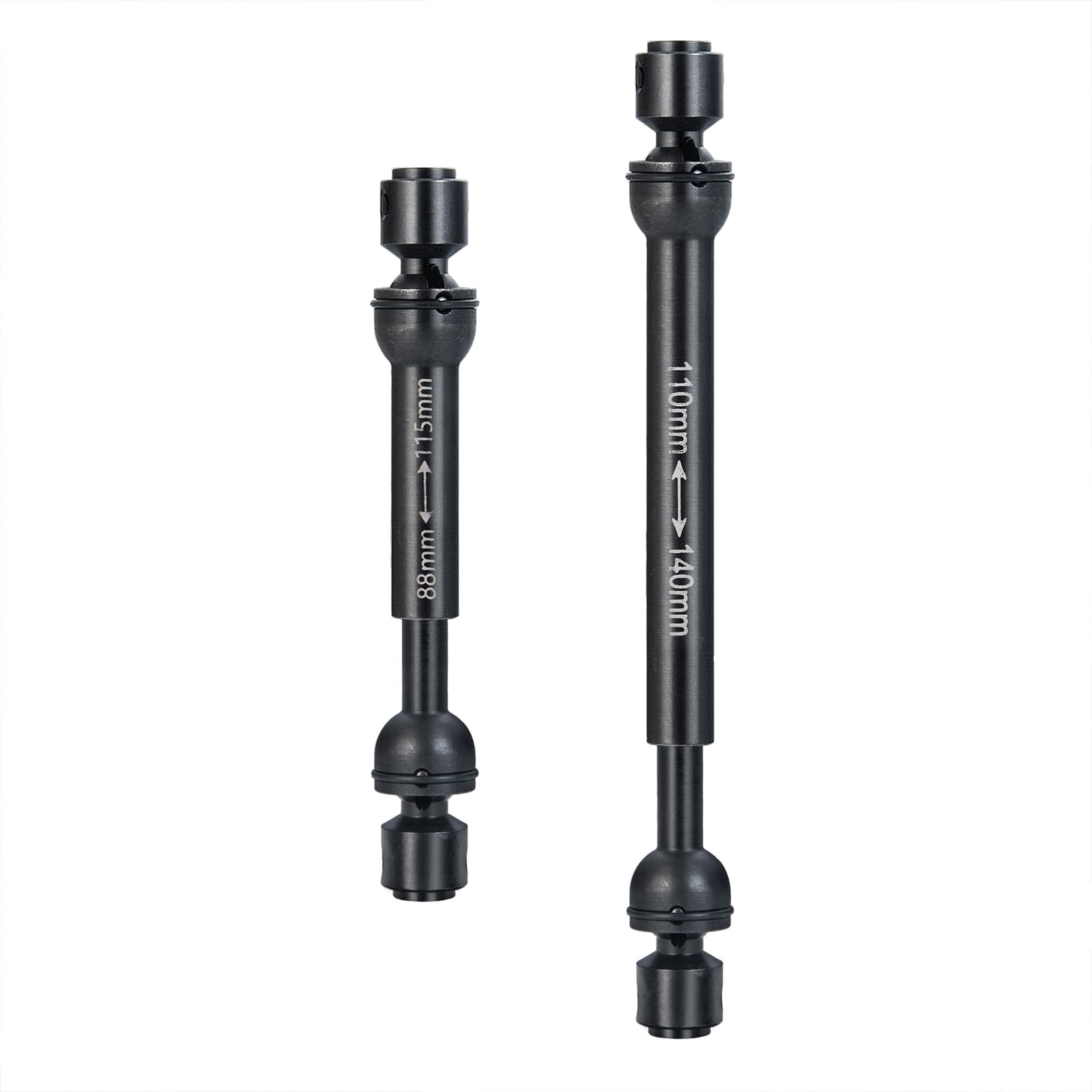 JGGZONE 2Pcs RC Drive Shaft Hard Steel Driveshaft Front Rear Center Drive Shaft Dogbone Compatible with 1/10 Tra-xxas TRX4 Bronco Defender RC Crawler Car Upgrades (88-115mm & 110-140mm, Black)