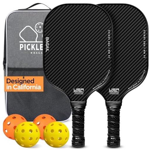 BAGAIL Pickleball Paddles, USAPA Approved Fiberglass Surface Pickleball Set, Lightweight Pickle Ball Rackets with 4 Balls, 1 Bag, Designed in California for Traction and Stability - 2 Pack, Black