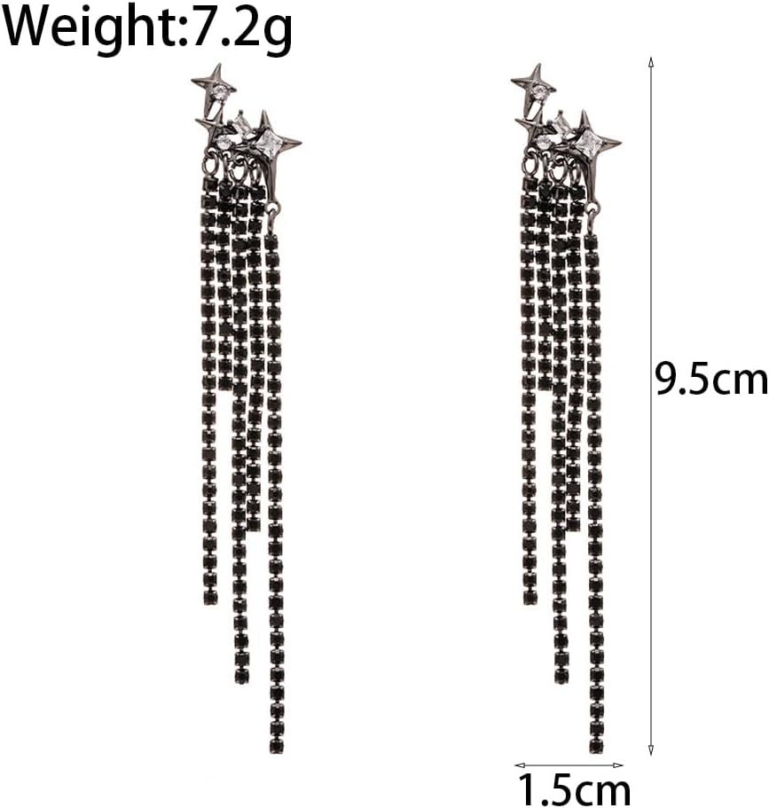 Long Rhinestone Tassel Dangle Earrings for Women,Sparkly Black Crystal Hollow Star Drop Earrings,Trendy Punk Jewelry Party Dress Accessories - Image 4