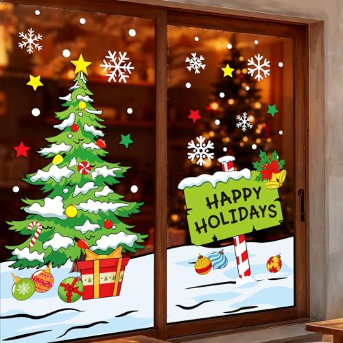 Whaline 6 Sheets Christmas Window Clings Xmas Tree Signpost Snowflake Window Decal Reusable Anti-Collision Windows Decor for Winter Home School Office Holidays Party Supplies