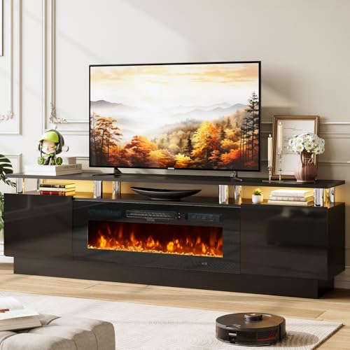 OneBlis 80' TV Stand for Living Room, Large Entertainment Center & Media Console, Fits TVs up to 90', Storage Cabinet with Shelves, 36' Electric Fireplace (All Black)