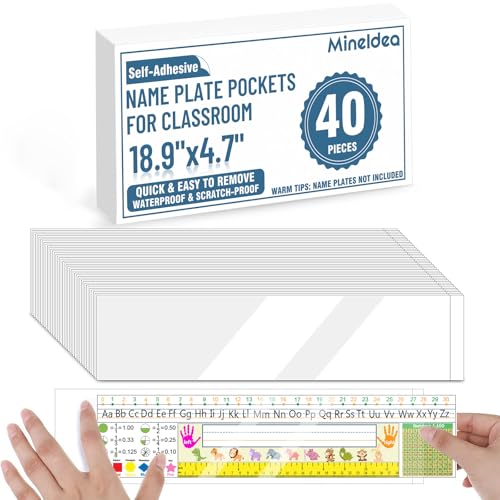 40 PCS Nameplate Pocket, 18.9 x 4.7 Adhesive Desk Name Tag Sleeves Easy Remove Nameplates Holder, Thicken Clear Scratch Proof Name Tag Pockets for Classroom Desk