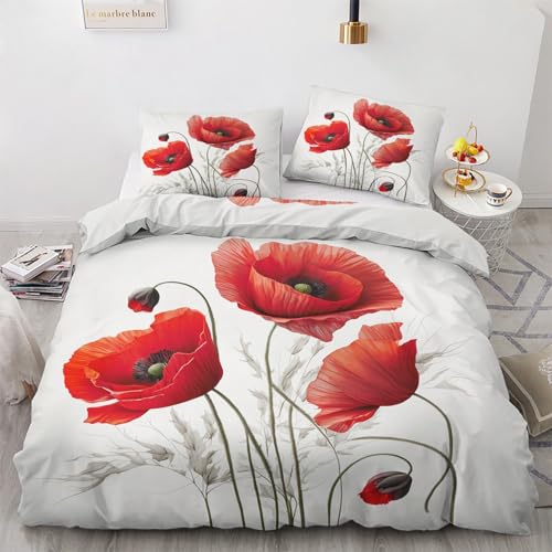 Générique Housse de Couette Coquelicot 140x200 avec 1 Taie d'oreiller 65x65 cm - Parure de Lit Coquelicots Rouge en Microfibre Douce - Linge de Lit 1...