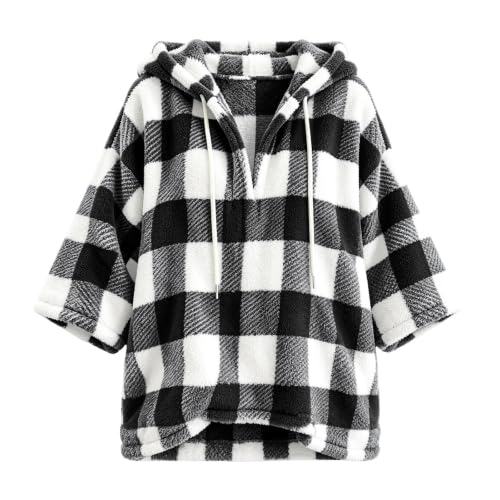 FPMLUXLL Women’s Plaid Sherpa Jacket Winter 3/4 Sleeve Hooded Pullover - image 6