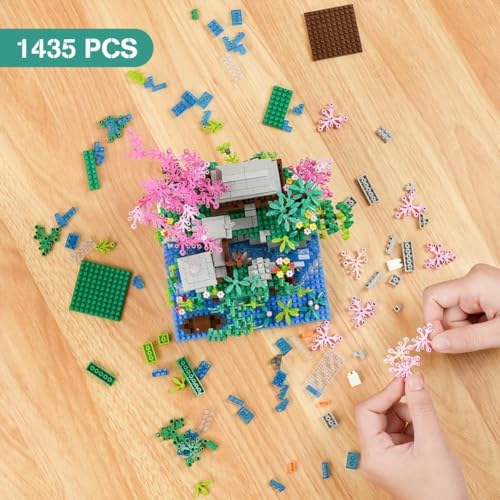 Image of SKY LINE OCEAN Cherry Blossom Tree Building Set (1435 PCS) - Japanese Sakura House Architecture with LED Lights, Micro Bonsai Building Blocks, Creative Construction Gift for Adults & Kids (14+ Years)