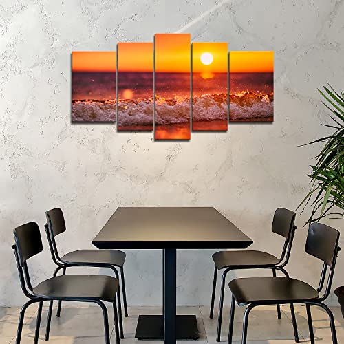 So Crazy Art- Red Ocean Wall Art Decor Sea Beach On Tropical Island At Sunset Canvas Pictures Artwork 5 Panel Seascape Painting Prints For Home Living Dining Room Kitchen #TOP2