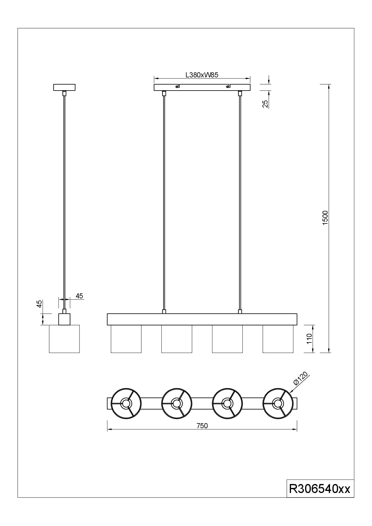 Cameron Pendelleuchte, 4-flammige Hängelampe, Schirm aus Stoff in schwarz gold, Korpus aus Holz, Hängeleuchte Esstisch, Höhe: verstellbar bis 150 cm, Breite: 75 cm, exkl. 4 x E14 max. 28W
