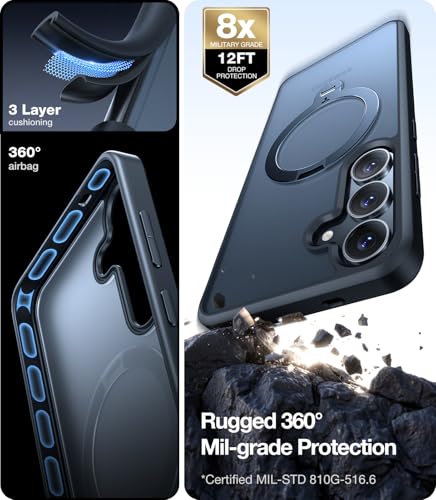 Image of TORRAS 360 Spin for Samsung Galaxy S25 Case with Stand, Fit for MagSafe, 3X Military Grade Protective, Rotatable Kickstand for Samsung S25 Case, Magnetic Ring Slim Hard Cover, Matte Black 6.2''