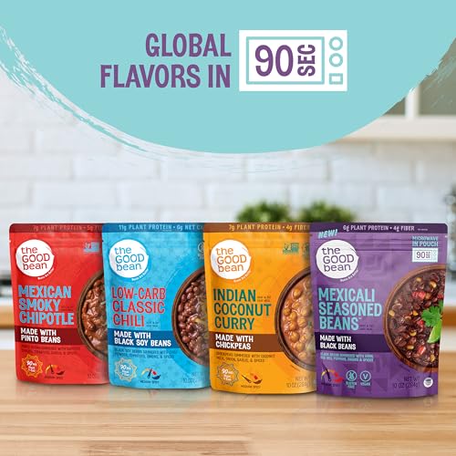 Image of The Good Bean Heat and Eat Pouch - Variety Pack - (Pack of 4) 10 oz Pouch - Mexican Smoky Chipotle, Low-Carb Classic Chili, Mexicali Seasoned Beans, and Indian Coconut Curry