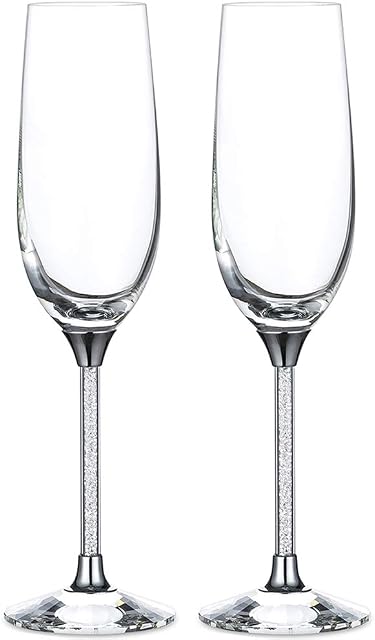 NUPTIO Silver Creative Champagne Flutes - Crystal Base & Rhinestone Fitting Handle Wedding Glasses for Bride & Groom Toasting Cups Gift Sets for Couples Engagement, Anniversary, House Warming